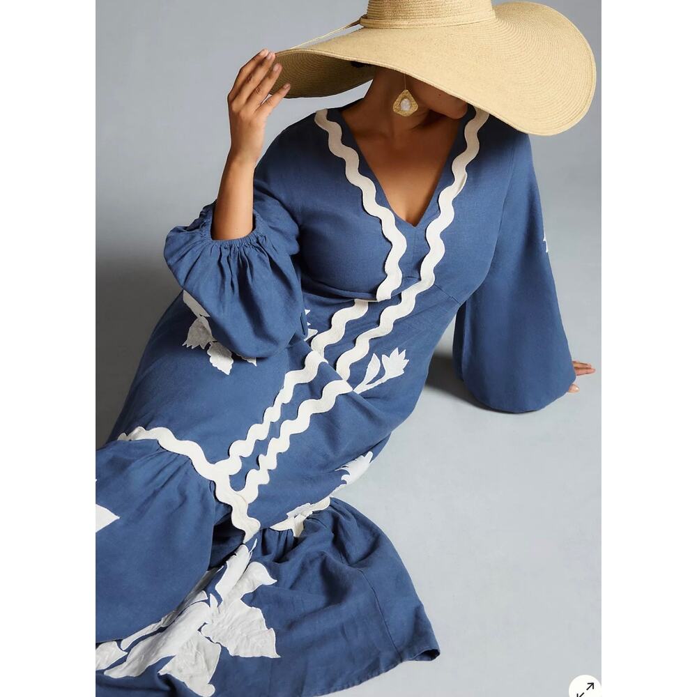 Farm Rio Flounce Blue & White Embroidered Linen-Blend Maxi Dress Pockets Size XS - Picture 5 of 14